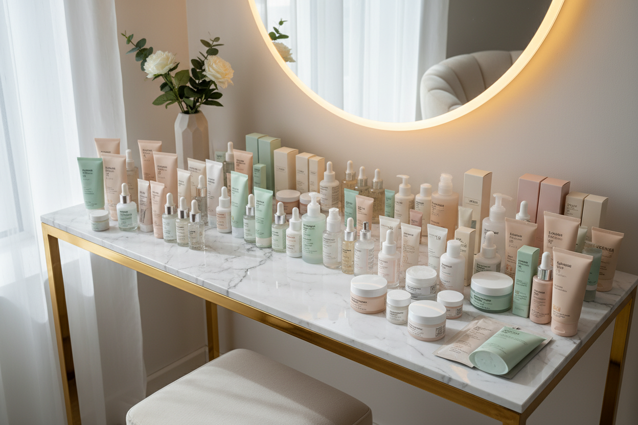 muitos produtos dermocosméticos numa mpenteadeira